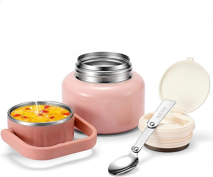 16.9oz Soup Thermo for Hot Food Kids & Adults, 316 Stainless Steel Insulated Food Jar with Non-Slip Base, Leakproof Lunch Box with Spoon & Bowl Lid for School, Office