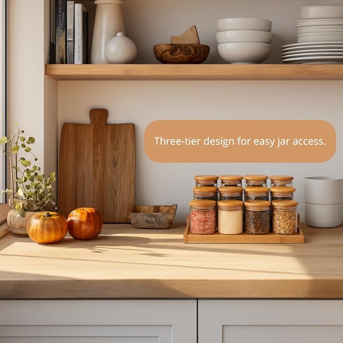 Bamboo Spice Rack Organizer with 12 Glass Jars - Premium Kitchen Cabinet & Countertop Complete Set - Eco-Friendly & Gift-Ready