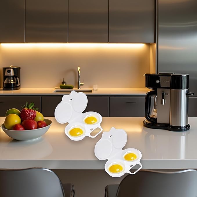 2 Pcs White Egg Poacher, Microwave Egg Boiler Poacher, 2 Cavity Nonstick Poached Egg Maker With Lid, Egg Poacher Microwave Egg Cooker, Double Drain Poached Egg Cups Cookware,Kitchen and Dining