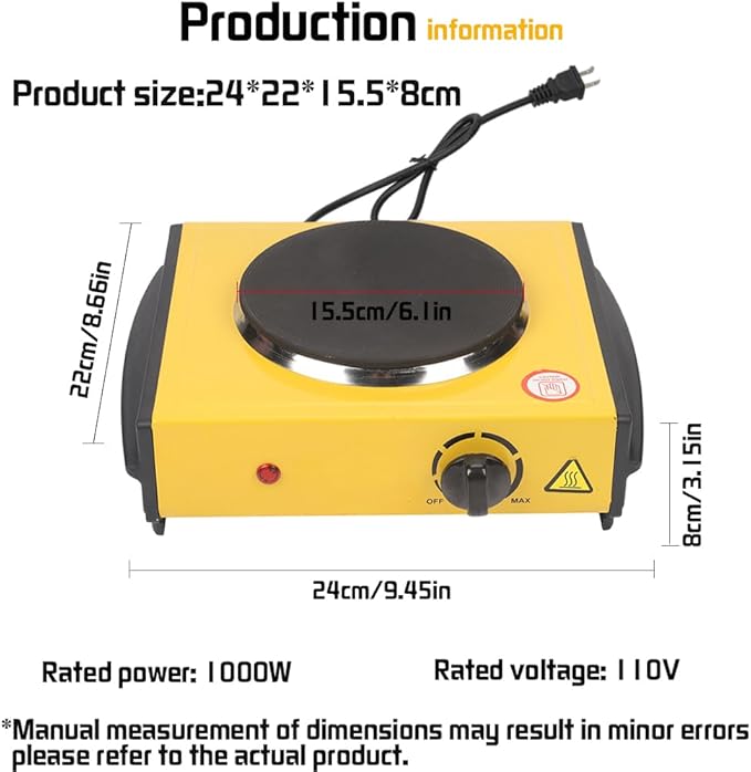 Countertop Burner - Compact and Portable Electric Hot Plate Stove, Temperature Controls, 1000/2000 Watts Coiled/Cast Single/Double Burner (Yellow, Cast Single)