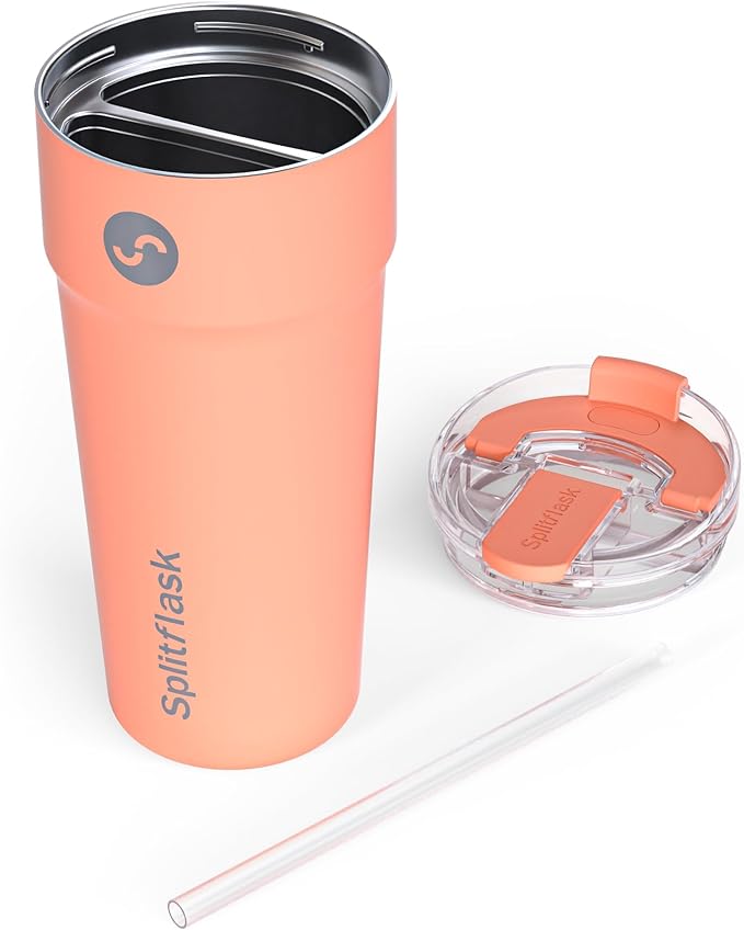 Splitflask 2-in-1 Dual Chamber Tumbler 30oz Hot & Cold Insulated Cup with Straw & Sip Lid, Leak Resistant Stainless Steel Travel Mug for Coffee, Water, Moms, Gym, Work, Car Cup Holder BPA-Free