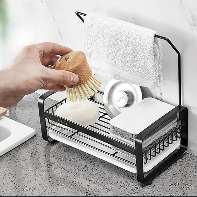 Sponge Holder with rag stick for Kitchen Sink - Rustproof Sink Caddy with Instant Drying Stone, Removable Dish Brush Holder, Stainless Steel Kitchen Caddy for Coutertop Storage Accessories