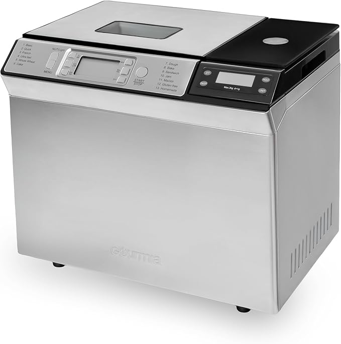 Gourmia Bread Maker with 2 LB Loaf Capacity - 13 Presets Jam Mode, Automatic Ingredient Dispenser, Customizable Crust Options, Keep Warm & Delay Start, Dishwasher Safe Parts