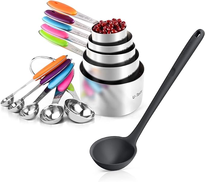 U-Taste 10 Piece Measuring Cups and Spoons Set in 18/8 Stainless Steel (color), and 600ºF Heat Resistant 13 inch Large Non-Stick Silicone Soup Ladle (Black)