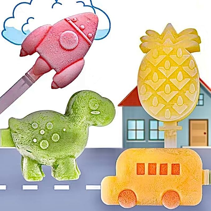 4 PCS Cute Silicone Ice Cube Mold Set For Toddlers and Kids, BPA-Free Food Grade Ice Tray, Homemade Frozen Popsicle Maker Mold (4 PCS（fruit*1+dinosaur*1+airplane*1+car*1))
