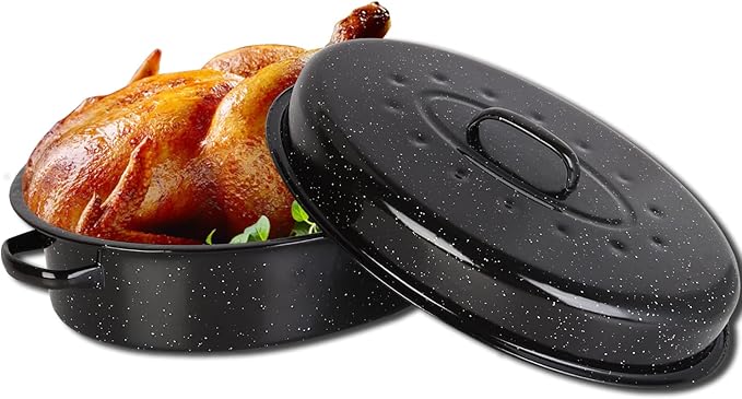 Roasting Pan 18.3 inch Roaster Pan Set Enamel Oven Roaster Pan with Lid for Turkey Chicken Cookware