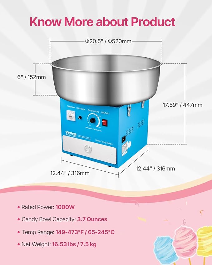 VEVOR Electric Cotton Candy Machine, 1000W Commercial Candy Floss Maker with 20.5 in Stainless Steel Bowl, Sugar Scoop, and Drawer, Easy Home Use, Perfect for Kids Birthday, Family Party, Blue