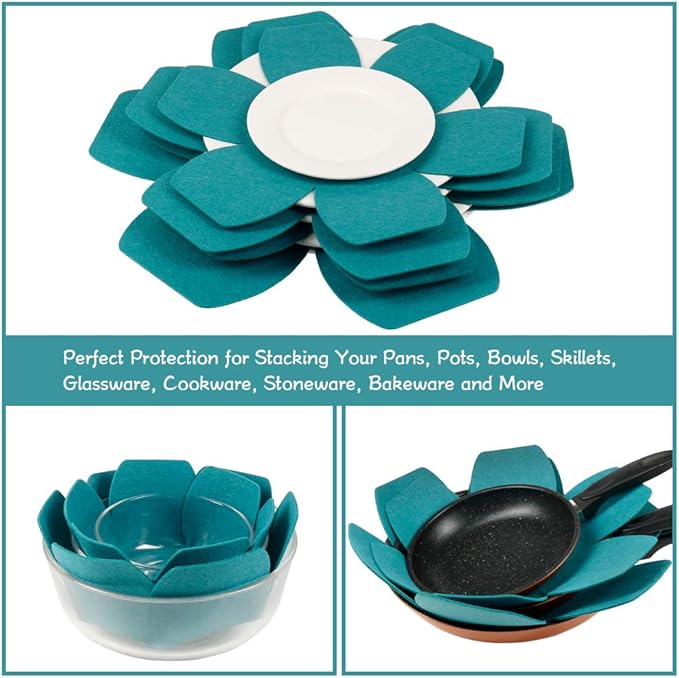 BYKITCHEN Pot and Pan Protectors, Set of 12 and 3 Different Sizes, Larger & Thicker Felt Pan Protector Pads, Cyan Pot Separators Protectors for Stacking and Protecting Your Cookware