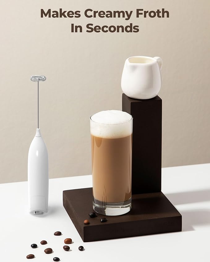 SIMPLETASTE Milk Frother Handheld Electric Foam Maker, Drink Mixer with Stainless Steel Whisk for Cappuccino, Bulletproof Coffee, Latte, Blizzard White, without Stand, Battery Operated