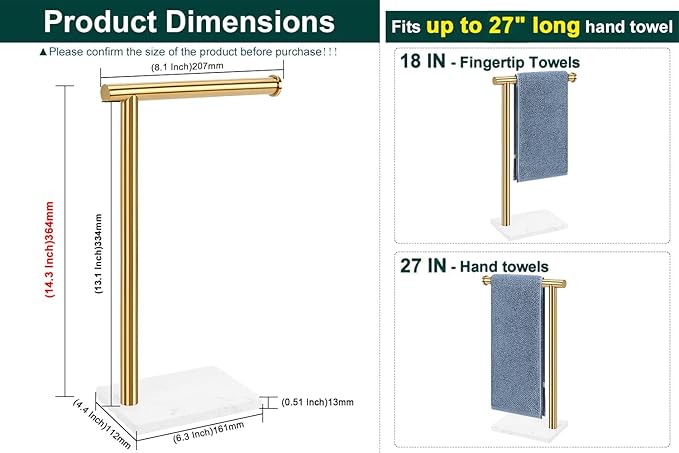Hand Towel Holder, Hand Towel Stand for Bathroom with Marble Base, 304 Stainless Steel L Shape Hand Towel Rack Bar Standing for Vanity Kitchen Countertop, Brushed Gold