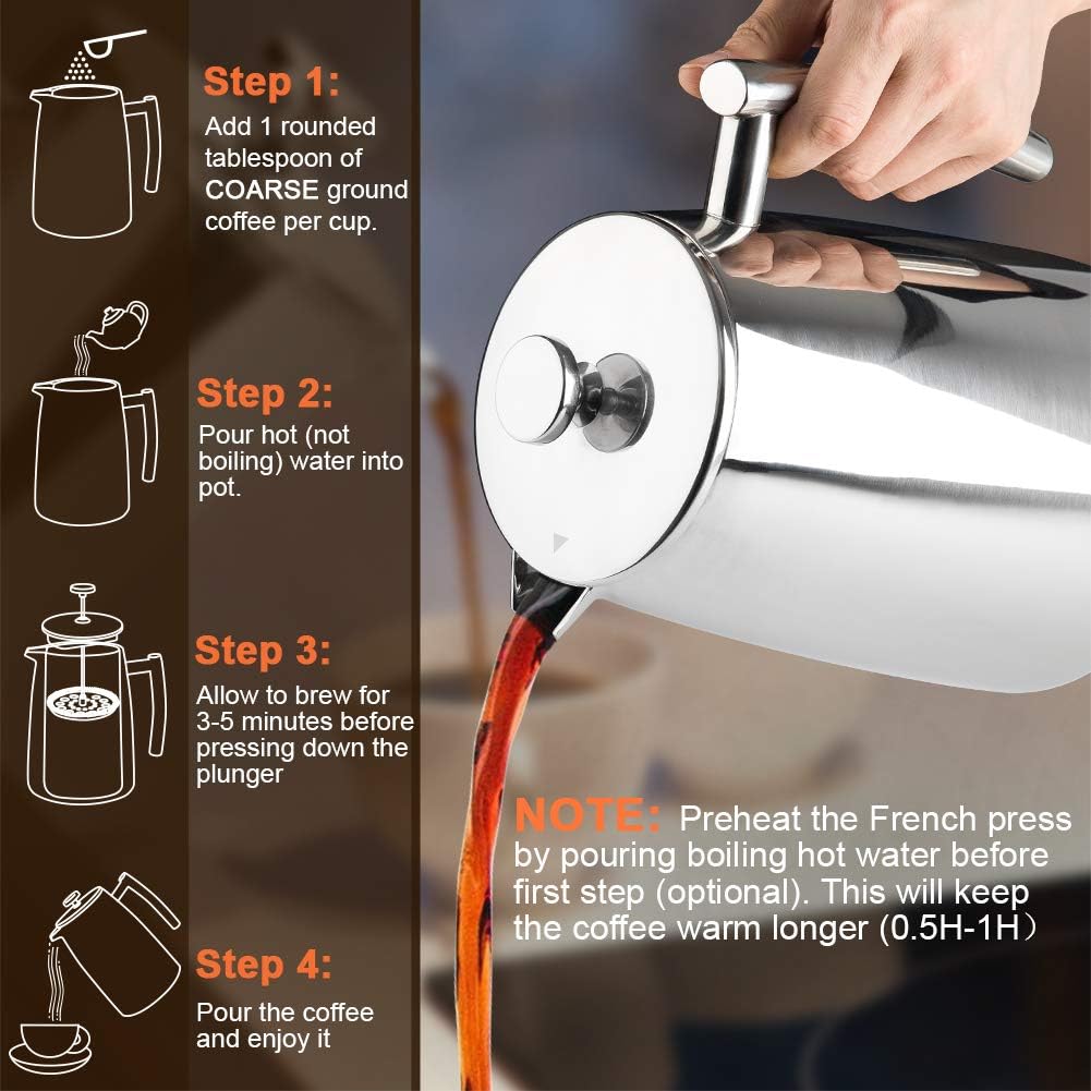 Secura French Press Coffee Maker, 34-Ounce, 304 Stainless Steel Insulated Coffee Press with Extra ScreenSecura French Press Coffee Maker, 34-Ounce, 304 Stainless Steel Insulated Coffee Press with Extra Screen