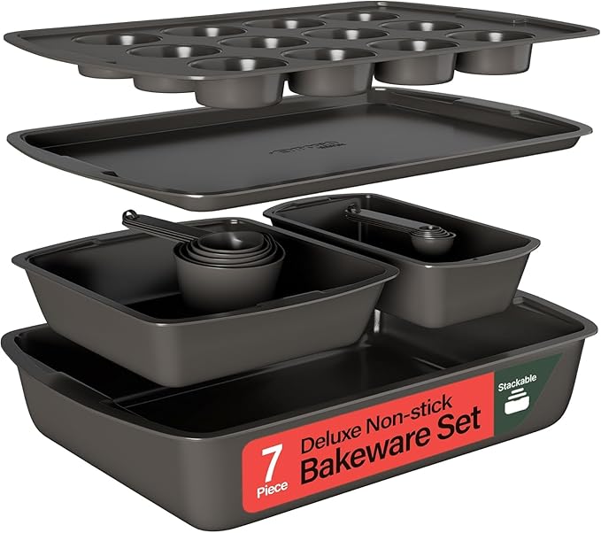 Emporio Kitchen Stackable Baking Pan Set - Deluxe Nonstick Black Coating, Carbon Steel Bakeware Sets, PFOA, PFOS, PTFE Free, Recipe Booklet Included, Oven Safe (Up to 450°F), Set of 7 - Black