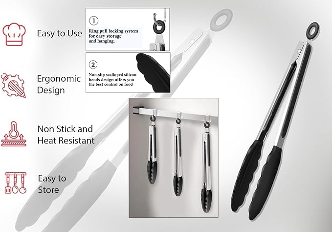 Black Stainless Steel Tongs Heat Resistant Kitchen Tongs Set - 7" & 9" Inch, BBQ Tongs with Silicone Tip, Strong Grip for Cooking, Salad Tossing, Air Fryer, & Grill Tongs- Pull Lock, Black - Set of 2