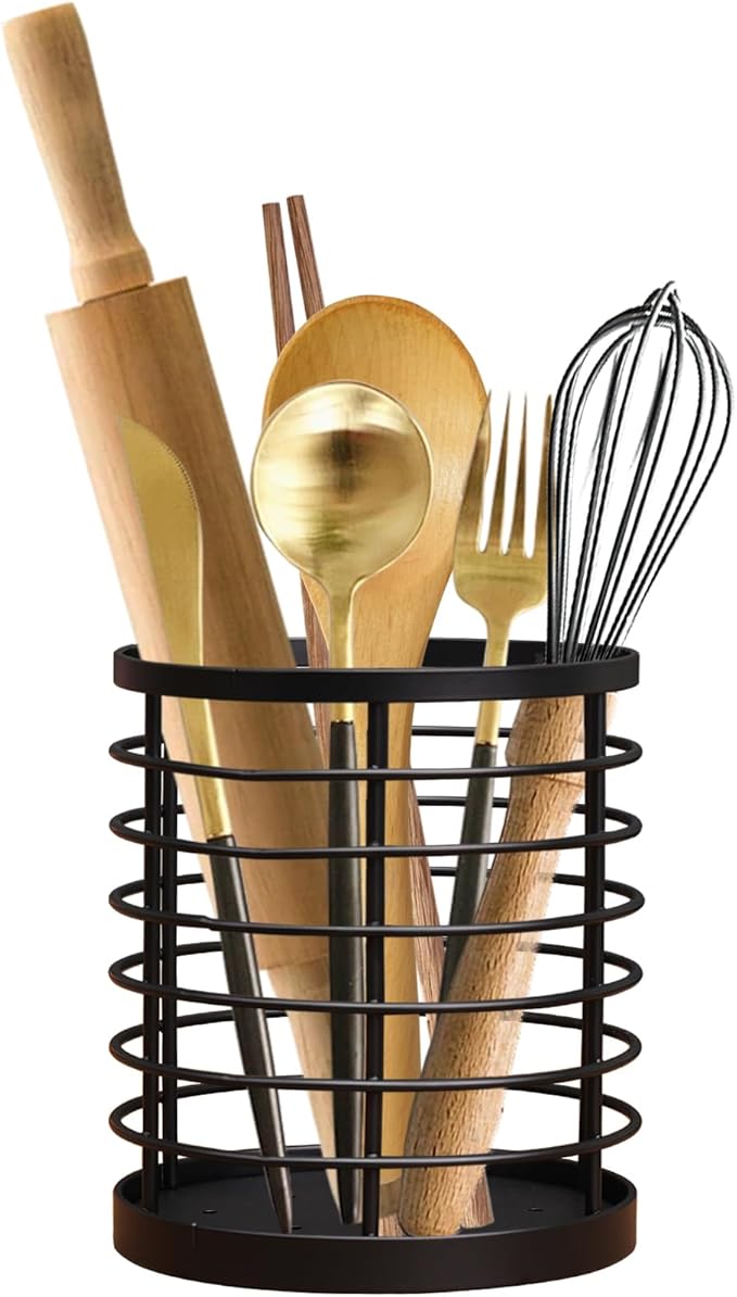Utensil holder for Kitchen Counter - 5.2" x 5.2" x 6" Large Round Utensils Holder with Wooden Base Matte Black Cooking Utensil Holder，Kitchen countertop Utensil Organizer