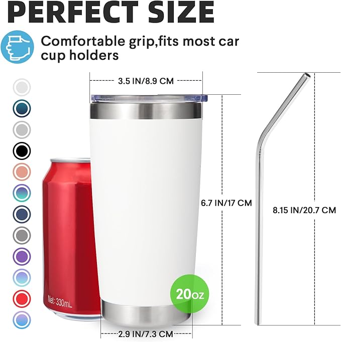 Volhoply 20oz Stainless Steel Tumbler with Lid and Straw Bulk 12 Pack,Double Wall Insulated Travel Iced Coffee Mug Fits Cup Holder,Powder Coated Cups for Hot/Cold Drinks,Christmas Gifts（White,12 Set）