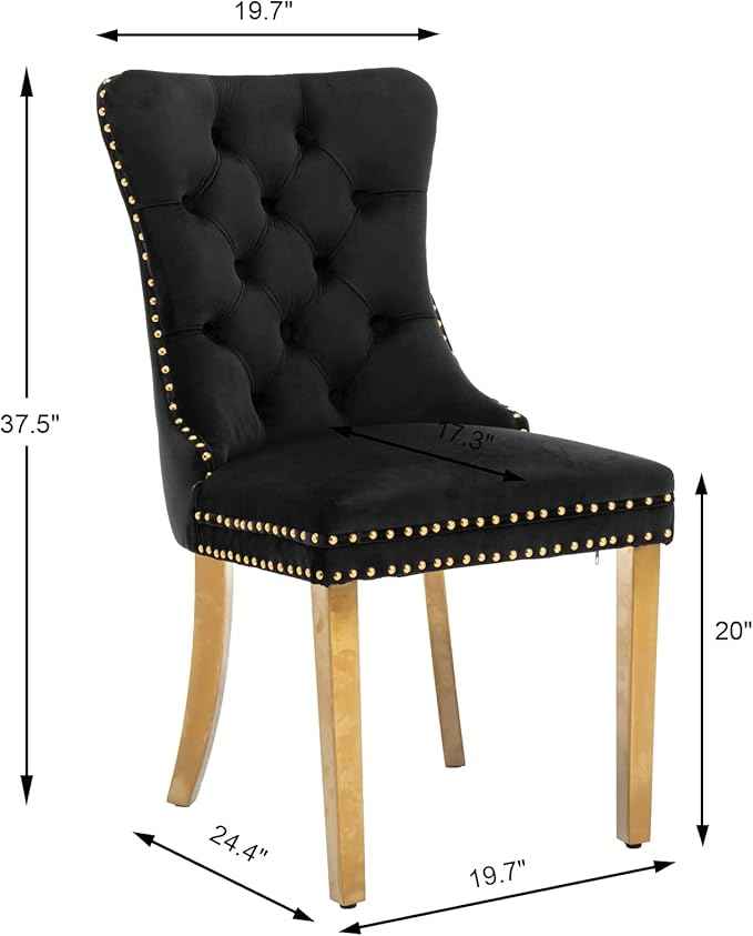 Black Dining Chairs Set of 6,Velvet Upholstered Dining Room Chairs with Back Ring Pull Trim and Golden Stainless Steel Legs,Modern Dining Chairs Perfect for Dining Room,Kitchen(Black)
