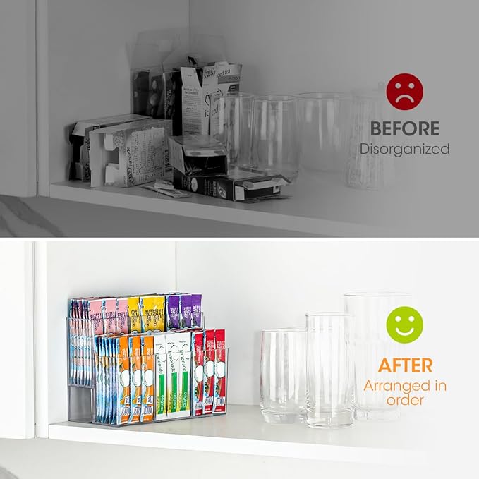 AIEVE Drink Packet Organizer, 2-Tier Water Flavor Packet Holder for Pantry Storage, Acrylic Drink Mix Organizer Hydration Powdered Mixes Holder Container for Cabinet Kitchen Storage