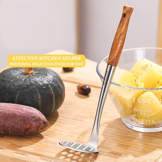 Avocado Masher Stainless Steel Small, Mini Potato Masher, Wooden Handle Potatoes Masher Kitchen Tool for Avocado, Potatoes, Beans, Vegetables, 8.7Inch Metal Mashing Utensil