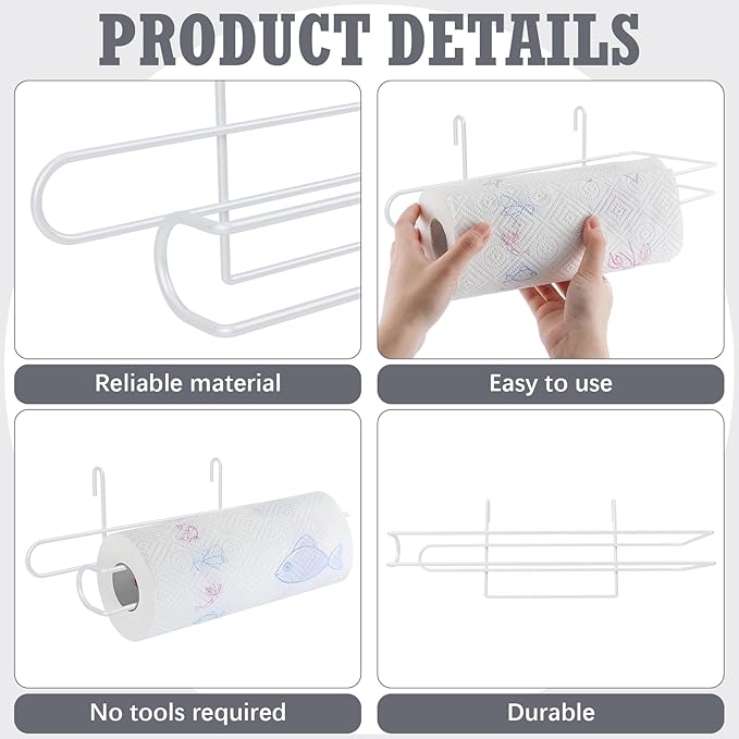 CroBlissful Paper Towel Holder for Wire Shelving 5'' D x 12'' W x 4.5'' H Hanging Paper Towel Holder Wire Shelf Accessories for Camp Dorm Laundry Room Stove Kitchen (White)