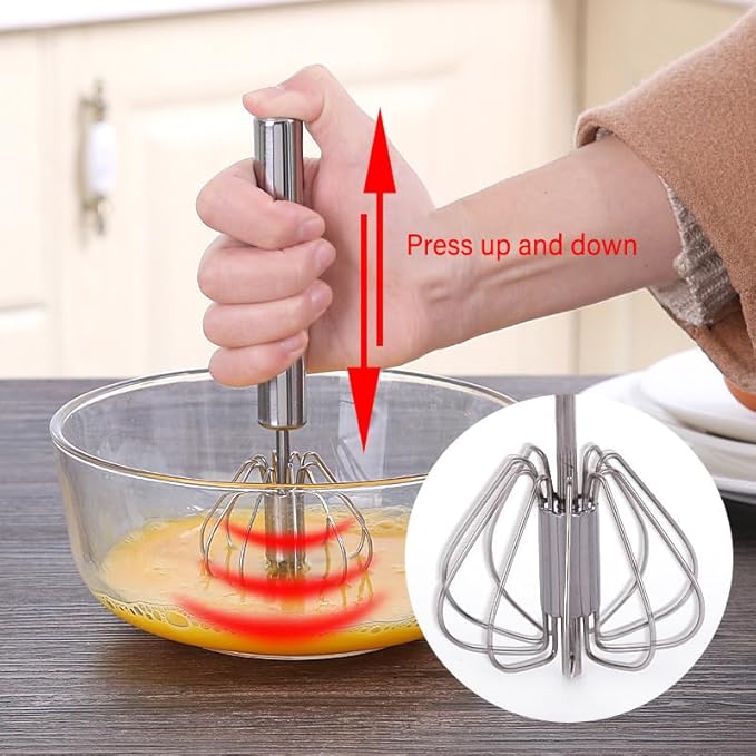 3 PCS Stainless Steel Semi-Automatic Whisk, Hand Push Rotary Whisk Blender, Versatile Milk Frother for Blending, Whisking, Stirring (11+12+13 Inch)