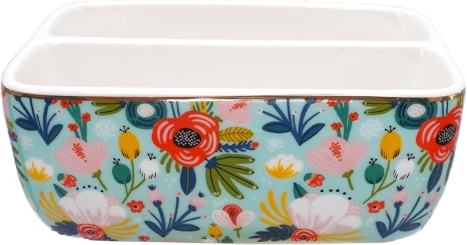 2 Compartments Ceramic Sponge Holder for Kitchen Sink, Cute Floral Pattern Countertop Dish Sponges Holder Soap Sink Organizer Caddy Farmhouse Home Kitchen Decor Mint Flowers