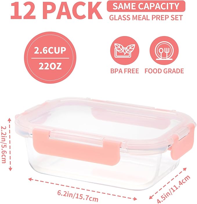 GULFLIN Glass Meal Prep Containers 12-Pack, 22oz Glass Food Storage Containers with Lids, Air-Tight, Leak-Resistant, Freezer to Microwave Safe-Pink Set