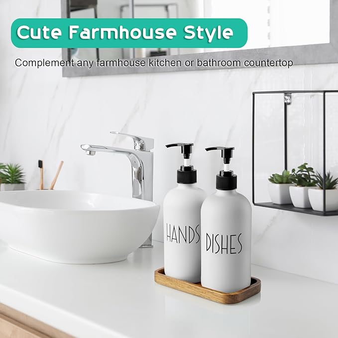 ALELION White Dish Soap Dispenser Set for Kitchen - 16 OZ Hand Soap Dispenser with Pump and Acacia Wood Tray - for White Kitchen Decor and Accessories