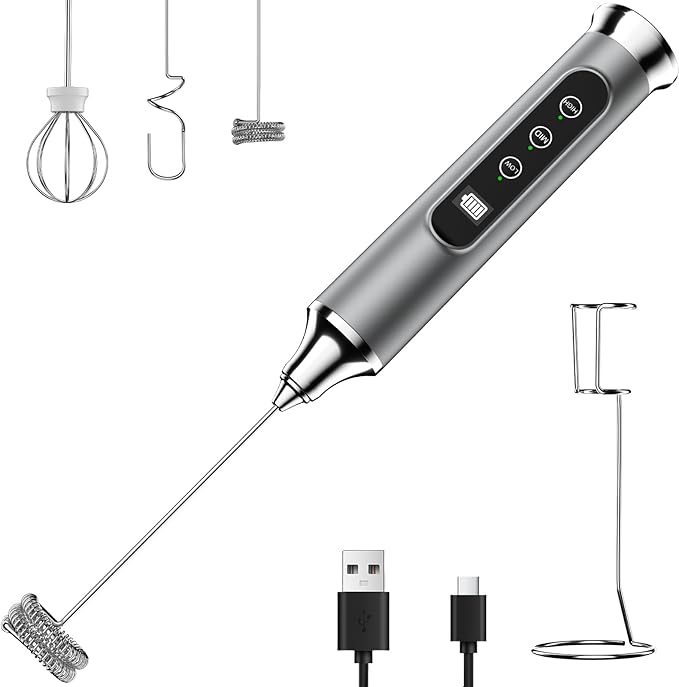 YUSWKO Silver Milk Frother Wand for Coffee with Stand, Handheld Coffee Frother, Rechargeable Drink Mixer, Waterproof Electric Whisk