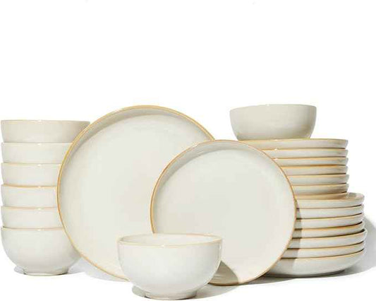 Plates and Bowls Sets for 8, 24 Piece Dinnerware Set for Large Families & Entertaining, Elegant Design, Dishwasher & Microwave Safe, Chip Resistant and Durable, Yellow White