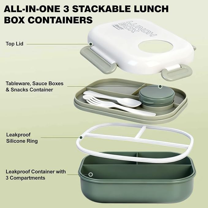 Lunch Bento Box Set - 3 Compartment Containers for Kids and Adults,lunch box for women with Thermo Lunch Bag, Leak-Proof and BPA-Free - Built-in Utensil Set,Sauce - Dishwasher Safe-Green