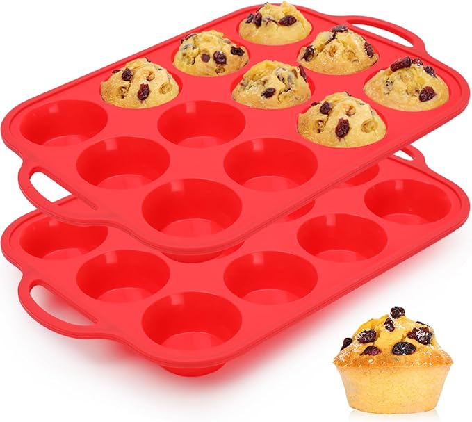 CAKETIME Silicone Muffin Pan, Metal Reinforced Frame Silicone Cupcake Pan Regular Size 12 Cups Nonstick Muffin Tins for Baking Easy to Move 2 Pack Red