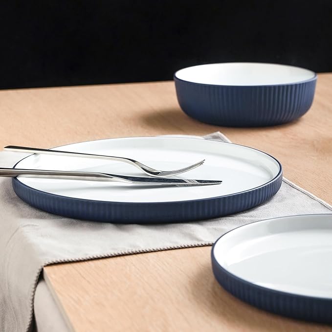Christian Siriano Laro 24-Piece Stoneware Dinnerware Set, Plates and Bowls Set, Microwave and Dishwasher Safe, Dish Set for 8, Dark Blue