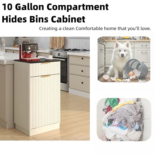 10 Gallon Tilt Out Trash Can Cabinet –Wooden Hidden Trash Can Cabinet,Pet Proof Garbage Recycling Cabinet with Storage for Kitchen Bathroom Living Room White