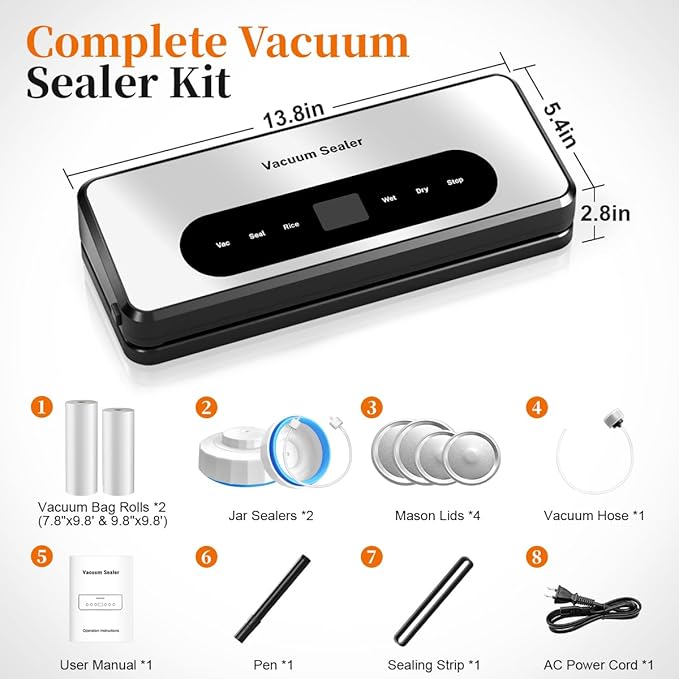 Vacuum Sealer Machine with UV-C Light, Includes Mason Jar Sealer Kit and 2 Bag Rolls, Digital Display & Built-in Cutter, Fully Automatic Dry & Moist Modes, Compact for Food Storage and Sous Vide