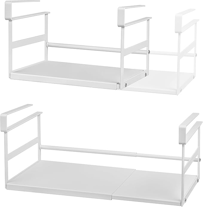 2Pack Under Shelf Storage Basket Organizer Expandable Width Add-On Space Saver Hanging Under Cabinet Pantry Kitchen Countertop Desktop Board Slide-in White Heavy-Duty Metal Higher Size