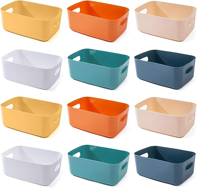 OWill 12 PCS Plastic Storage Bins and Baskets for Efficient Home Classroom Organization Small Containers in Multicolour for Kitchen, Cupboard box, and Bathroom Organizer on Shelves and Tubs