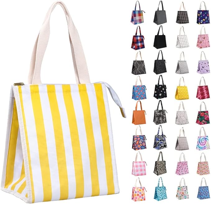 iknoe Insulated Lunch Bag for Women & Adults, 9L Foldable Wide-Open Cooler Bag with Pockets, Leakproof & Portable, for Picnic, Office, Beach(Yellow stripe)