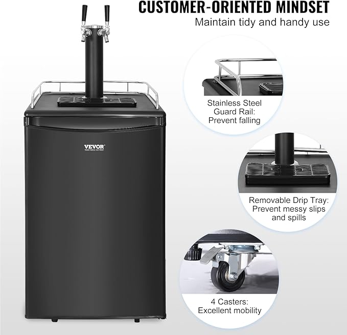 VEVOR Beer Kegerator, Dual Tap Commercial Draft Beer Dispenser for D system, Full Size Keg Refrigerator with 5lbs CO2 Tank, Hold 2 Sixth / 2 Ball lock keg, Black