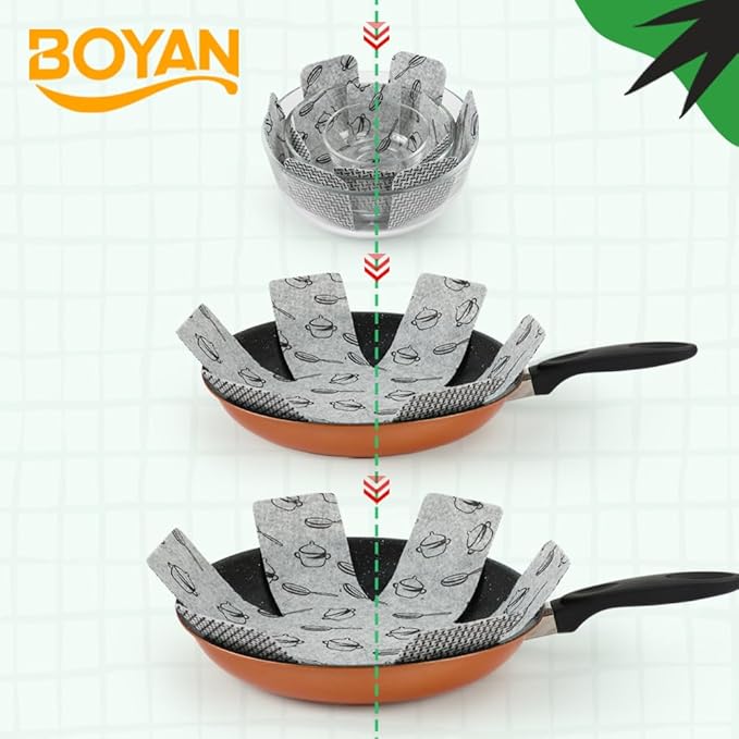 BOYAN Thicker Pot and Pan Protectors, Felt Pot Protectors for Stacking, Set of 6 & 3 Different Sizes, Pan Separators for Stacking Cookware Skillet Ceramic Saucepan Glassware