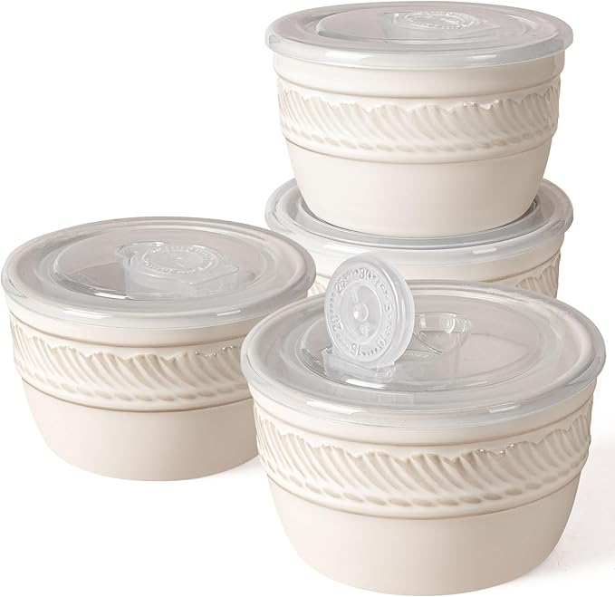Artena Ramekins with Lids, Creme Brulee Ramekins Oven Safe, Ceramic Pudding Cups, Souffle Cups, Custard Cups, Dipping Sauce Cups, Food Storage Containers with Lids, Set of 4 (Willow Leaf, 8 oz)