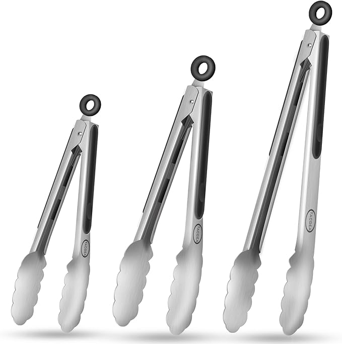 TACGEA Stainless Steel Kitchen Tongs, Silicone Non-slip Grip, Locking Grilling Food Tongs Set of 3-7inch, 9inch and 12inch