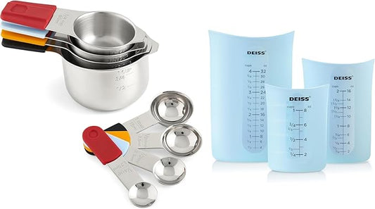 Deiss LUX Stainless Steel Measuring Cups and Spoons Set and Deiss PRO 3 Piece Silicone Measuring Cup Set