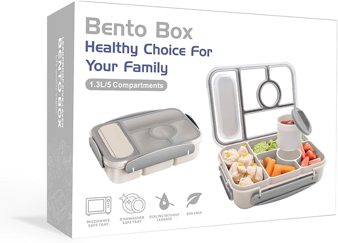 Amathley Bento Box Adult Lunch Box Kids,Lunch Containers for Adults/Kids/Toddler,5 Compartments Bento Lunch Box with Sauce Vontainers,Microwave & Dishwasher & Freezer Safe,BPA-Free (White)