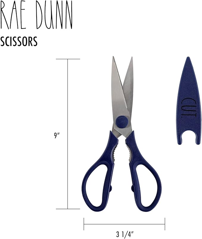 Rae Dunn Kitchen Scissors- Stainless Steel Kitchen Shears, Cooking Scissors for Cutting Meat, Chicken, Herbs and Produce with Blade Cover and Soft Grip Handles (Blue)