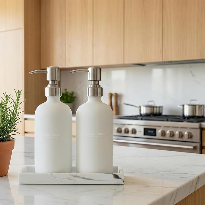 White Glass Soap Dispenser Set for Kitchen, Hand and Dish Soap Dispenser with Stainless Steel Pump & Resin Tray, Perfect for Kitchen,Hotel Rental-Modern Soap Dispenser Decor for Kitchen