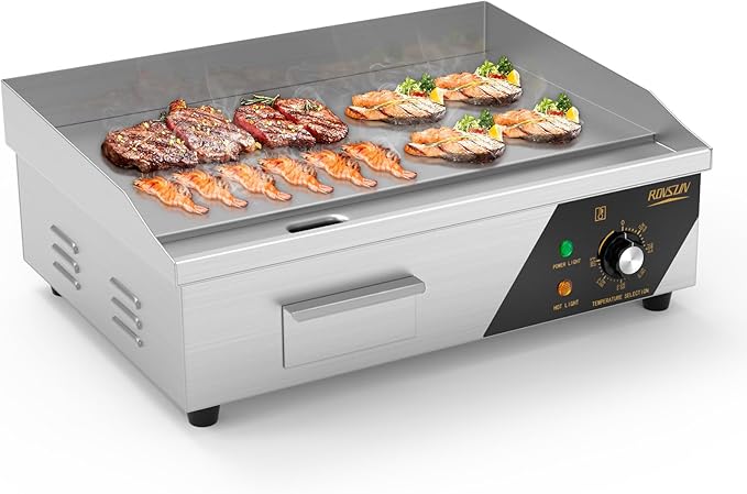 Bonnlo 22 Inch 1600W Commercial Griddle with Stainless Steel Countertop, Flat Griddle, 122-572℉ Adjustable Temp Control of Electric Flat Top Grill for Cheese 、Steak and Egg Indoor and Restaurant