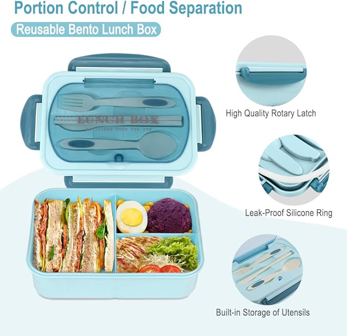 NatraProw Bento Box for Adult, 1200 ML Lunch Containers, LeakProof Lunch Box with Utensils, BPA Free, 3 Compartment Bento Box Microwave Safe, Blue