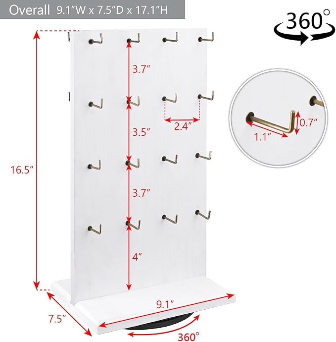 Ikee Design Wooden Rotating Two-Sided Jewelry Display Stand, Rotating Organizer with 32 Long Hooks for Store, Bracelet Keychain Earring Display, White Color, 9.1W x 7.5 D x 17.1 H in
