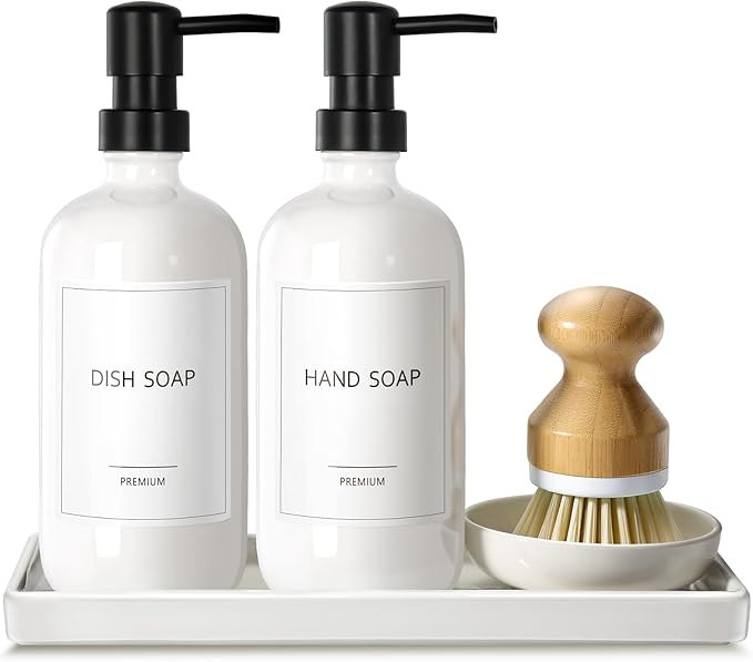 GMISUN Kitchen Soap Dispenser Set, 16 Oz Hand and Dish Soap Dispenser with Ceramic Tray & Bamboo Dish Brush, 2 Pack White Glass Liquid Pump Bottle, Modern Farmhouse Refillable Dish Soap Bottle