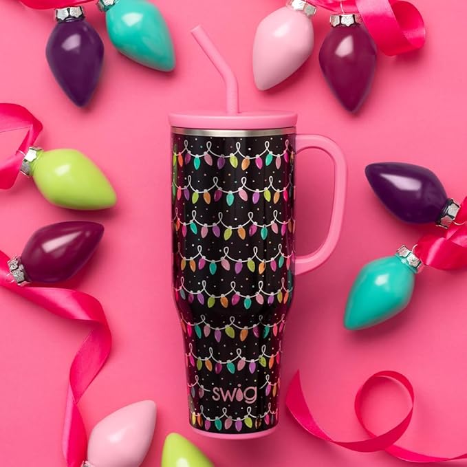 Swig Life 40oz Mega Mug, 40oz Tumbler with Handle and Straw, Extra Large Insulated Tumblers, Cup Holder Friendly Travel Mug (Tacky Lights)